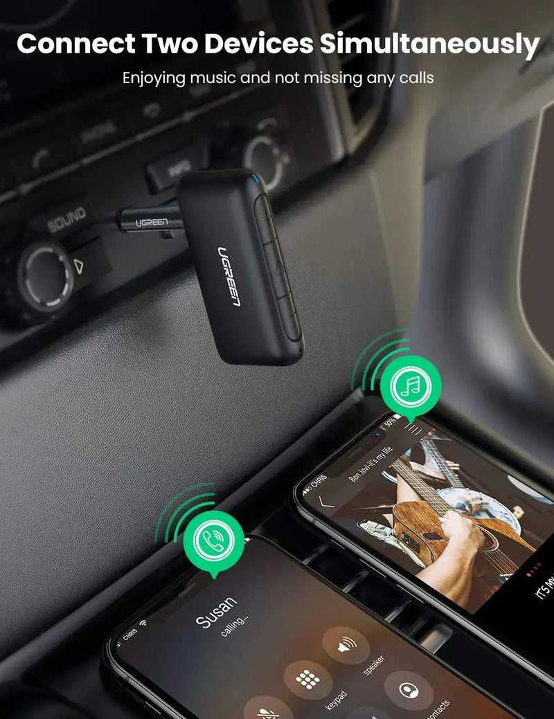UGREEN Portable Bluetooth 5.0 Receiver Car Wireless Audio Adapter 3.5mm AUX Stereo Output Built-in Microphone 70303 Ugreen