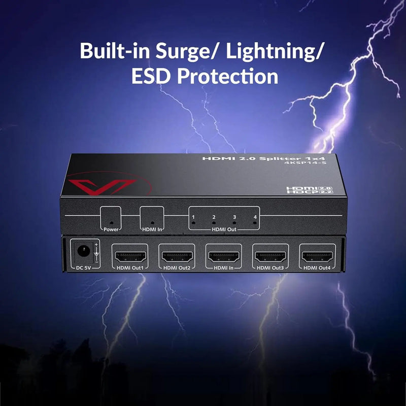 AV Access 4KSP14-S 4K HDMI 2.0 Splitter 1 in 4 Out w/ Auto Downscaler, 4K@60Hz, 1080P@120Hz, HDR 10 & HDCP 2.2,3D, 18Gbps Zero Latency, AV Access Gaming Splitter, Duplicate/Mirror Screens AV Access