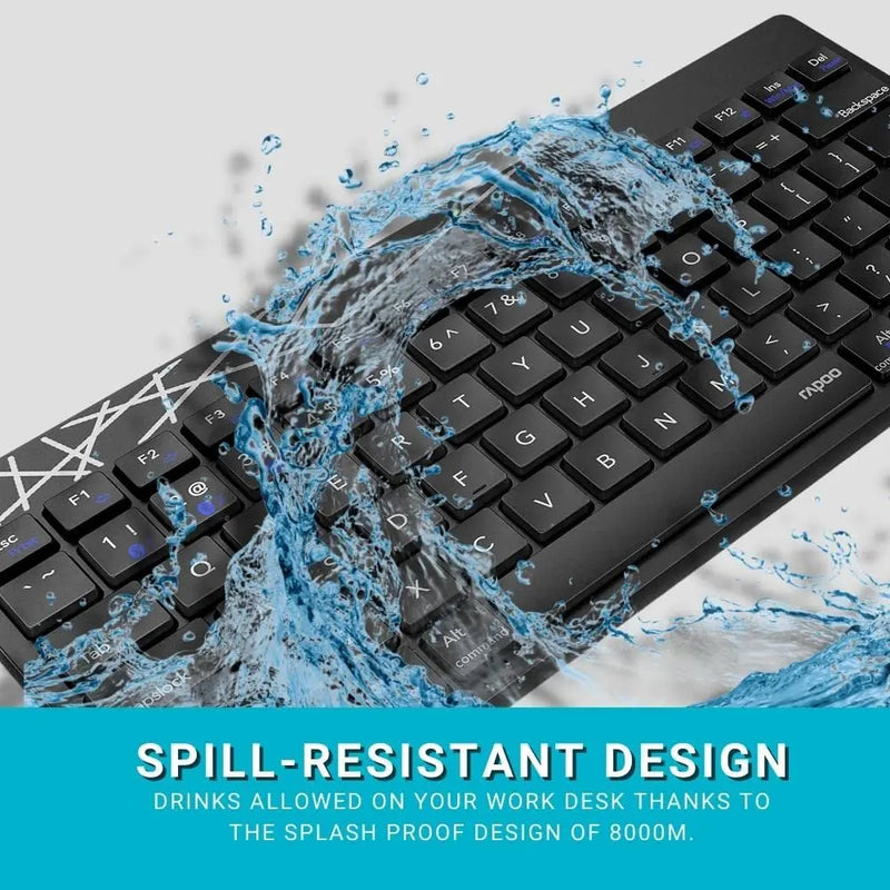 RAPOO 8000M Multi-Mode Keyboard & Mouse Bluetooth 3.0/4.0 Wireless 2.4 GHz 1300 DPI Combo-Black Rapoo