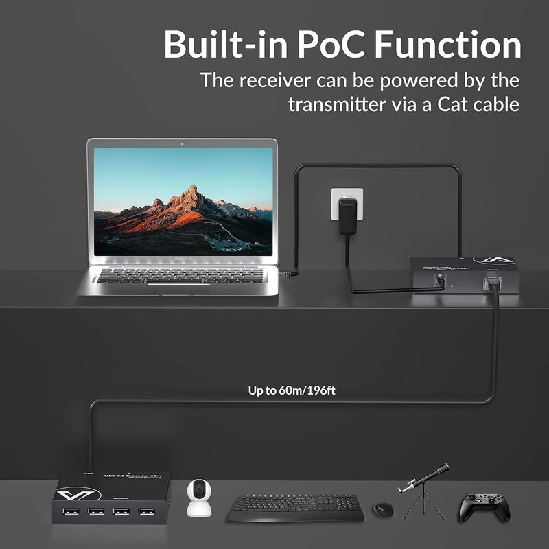 AV Access U2EX60 New USB Extender over Cat5e/6/6a/7 Cable w/ PoC, up to 60m/196ft, Ideal for Home Office, Gaming & Surveillance AV Access