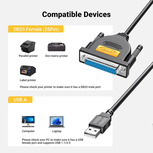 UGREEN 2M USB 2.0 to DB25 Female Parallel Printer Adapter Cable USB to Parallel Converter Inkjet Laser Printer Gray 20224 Ugreen