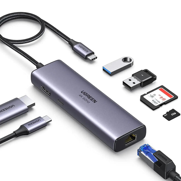 UGREEN 7-in-1 Multi-Functional Adapter 4K 60Hz HDMI Gigabit Ethernet 2 USB 3.0 100W PD SD/TF MacBook Dell Surface (60515) Ugreen