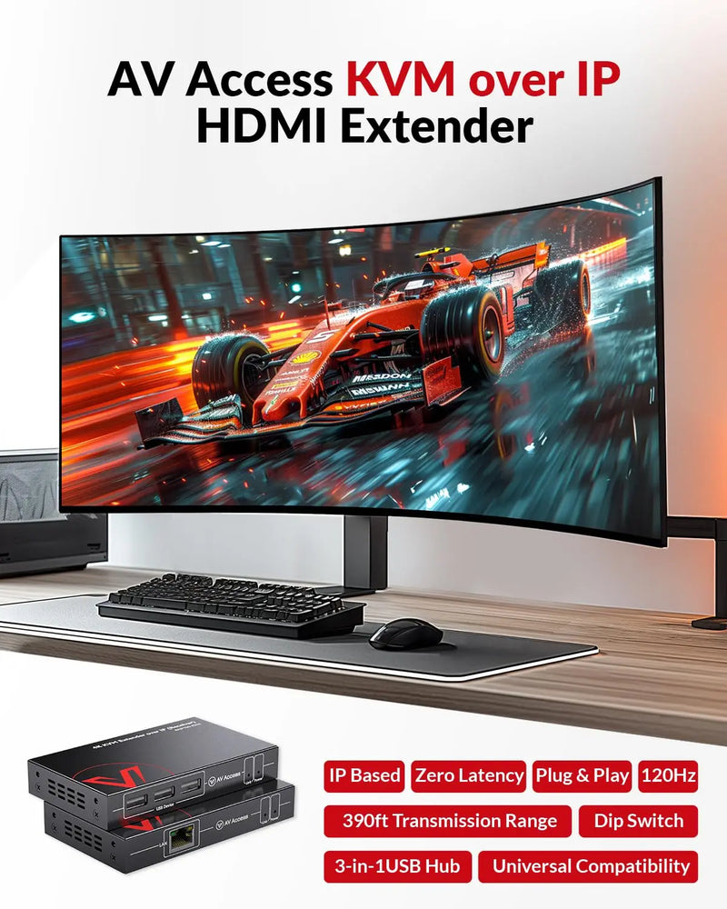 AV Access 4KIP100-KVM 4K HDMI KVM Extender over IP, Over Over Single Cat5e/6, 120m/390ft 3 Ports USB2.0 Extender w/ Zero Latency & 1080P@120Hz, up to 16 Sets with DIP Setting AV Access