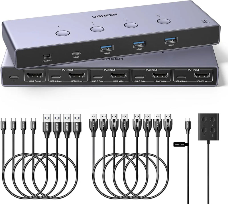 UGREEN 8K@60Hz HDMI KVM Switch for 4 Computers, HDMI 2.1, 4× USB 3.0 Ports (3× USB-A + 1× USB-C), Aluminum KVM, Desktop Controller, Includes 4 HDMI Cables + 4 USB Cables (55397) TeckPot