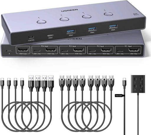 UGREEN 8K@60Hz HDMI KVM Switch for 4 Computers, HDMI 2.1, 4× USB 3.0 Ports (3× USB-A + 1× USB-C), Aluminum KVM, Desktop Controller, Includes 4 HDMI Cables + 4 USB Cables (55397) TeckPot