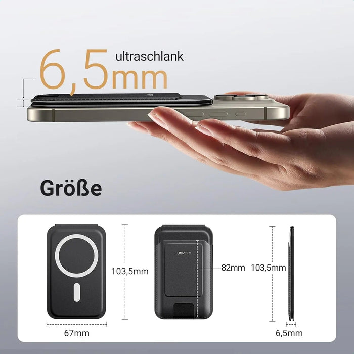 UGREEN Magnetic Phone Card Holder Leather Wallet Stand iPhone 15 14 13 12 Series Minimalist Not Mini Compatible Black (45165)