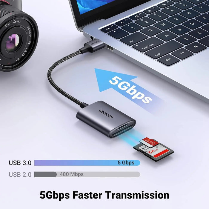 UGREEN USB 3.0 Card Reader 2-in-1 SD TF Micro SD SDHC SDXC MMC Aluminum Case Memory Card Reader PC Laptop 80887
