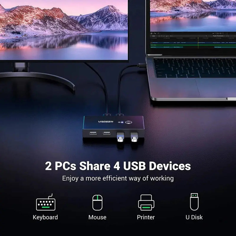 UGREEN 2x4 USB 2.0 Sharing Switch Box 2 In 4 Out Peripheral Switcher Printer Scanner Keyboard Mouse PC Laptop USB Hub Switch 30767 Ugreen