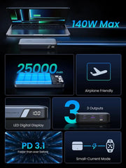 UGREEN 145W 25000mAh Power Bank Nexode 3-Port USB C PD Laptop Portable Charger MacBook Pro Dell XPS iPhone 16 iPad (90597A) Ugreen