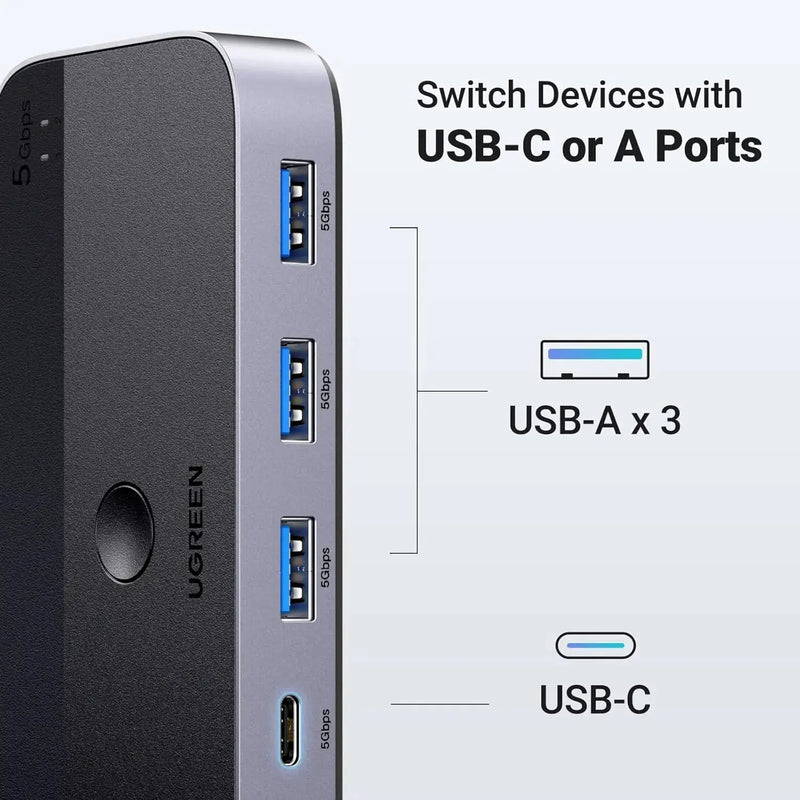 UGREEN USB 3.0 Switch 2 Computer Sharing USB C A Device 4 Port Switcher Keyboard Mouse Printer 2 USB3.0 Cable Remote (15705) Ugreen