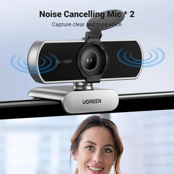 UGREEN Full HD 1080P Webcam Microphone 2 Noise Cancel Mics 85° FOV Fixed Focus Privacy Cover PC Streaming Conference (75326)