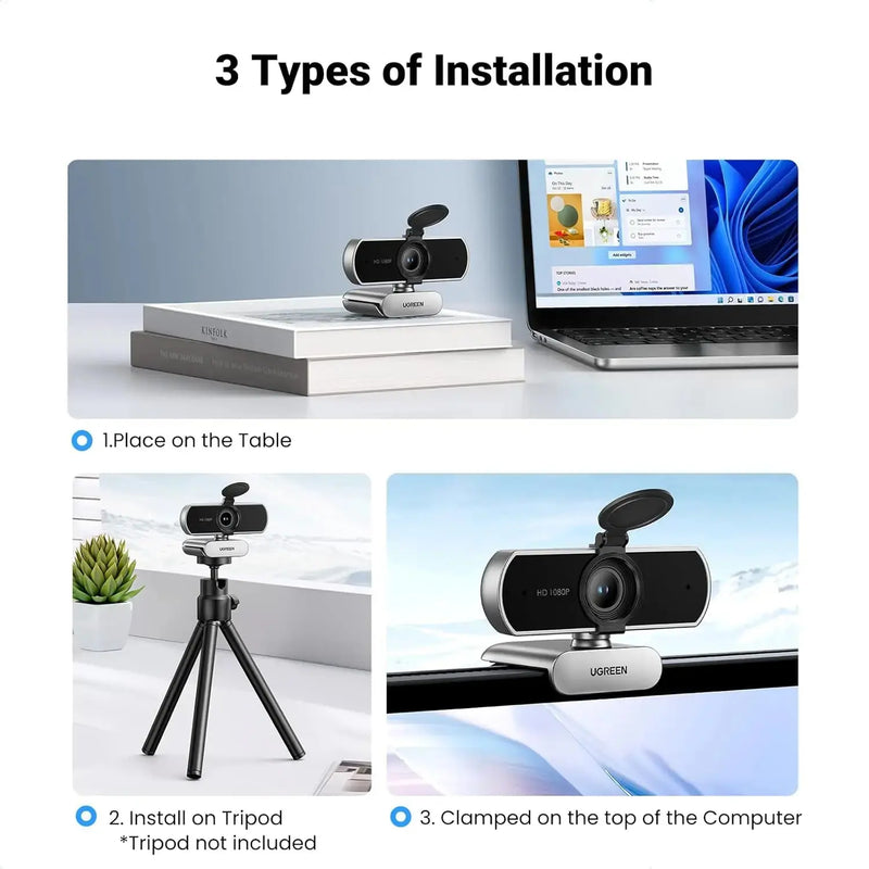 UGREEN Full HD 1080P Webcam Microphone 2 Noise Cancel Mics 85° FOV Fixed Focus Privacy Cover PC Streaming Conference (75326) Ugreen