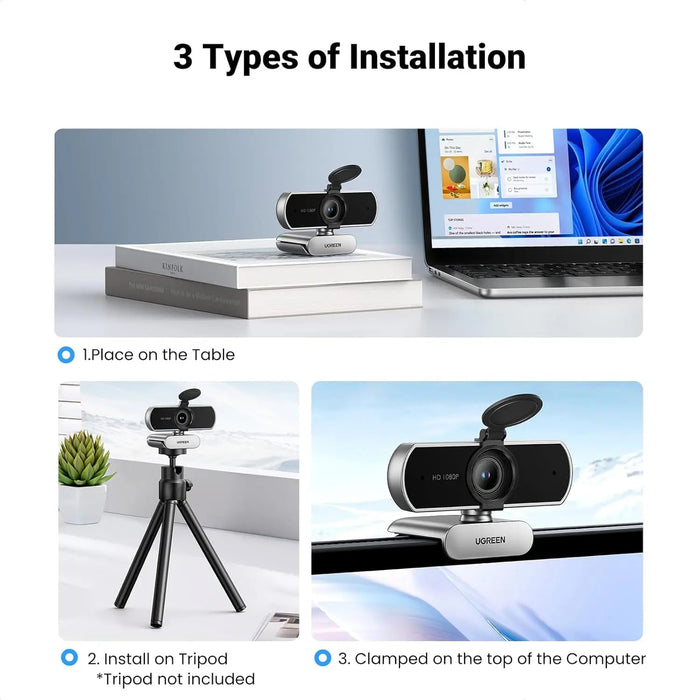 UGREEN Full HD 1080P Webcam Microphone 2 Noise Cancel Mics 85° FOV Fixed Focus Privacy Cover PC Streaming Conference (75326)
