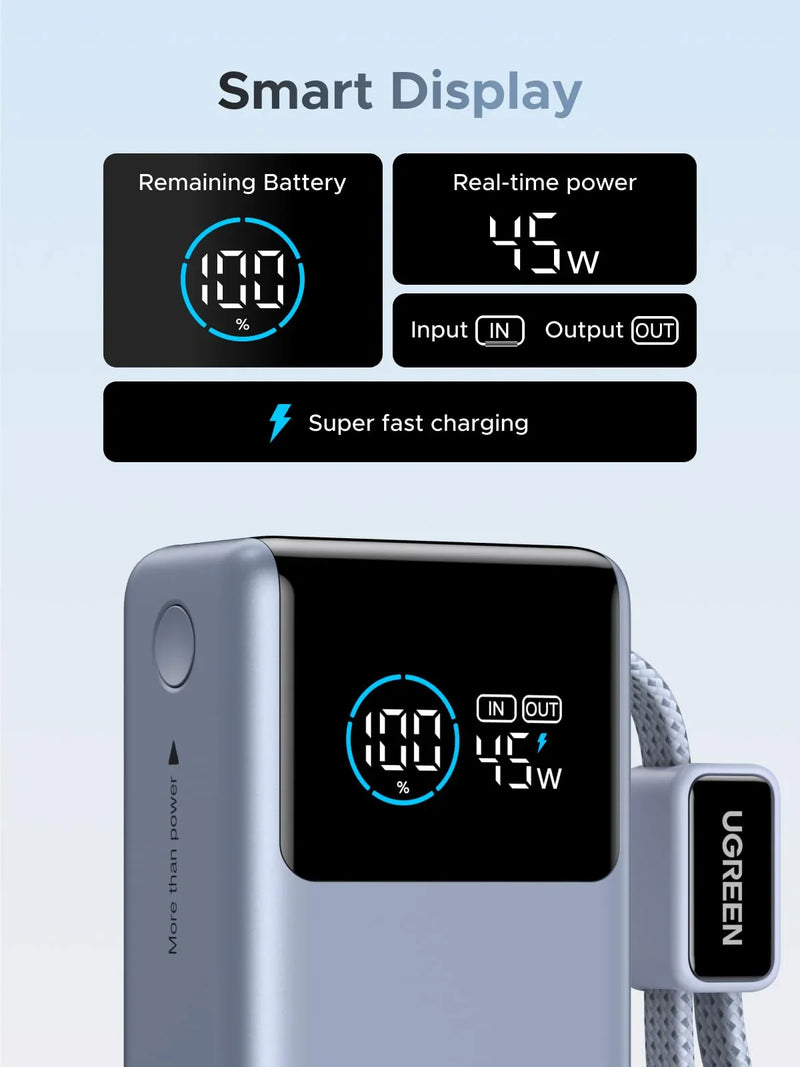 UGREEN Nexode PB727 75701B 10000mAh 55W power bank with built-in USB-C cable smart display