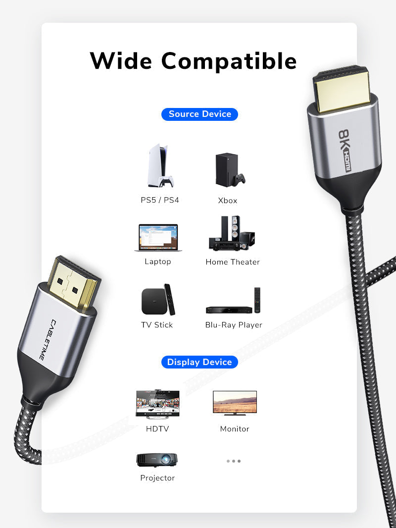 CABLETIME Ultra-Thin HDMI 2.1 Cable, 48Gbps, 8K@60Hz / 4K@120Hz, 1m / 2m