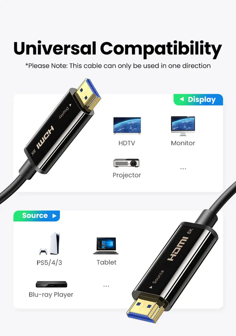 UGREEN HDMI 2.1 Fiber Optic Cable 15M 8K@60Hz 4K@120Hz 48Gbps HDR10 eARC Dolby Vision PS5 Xbox Series X TV (80407) Ugreen
