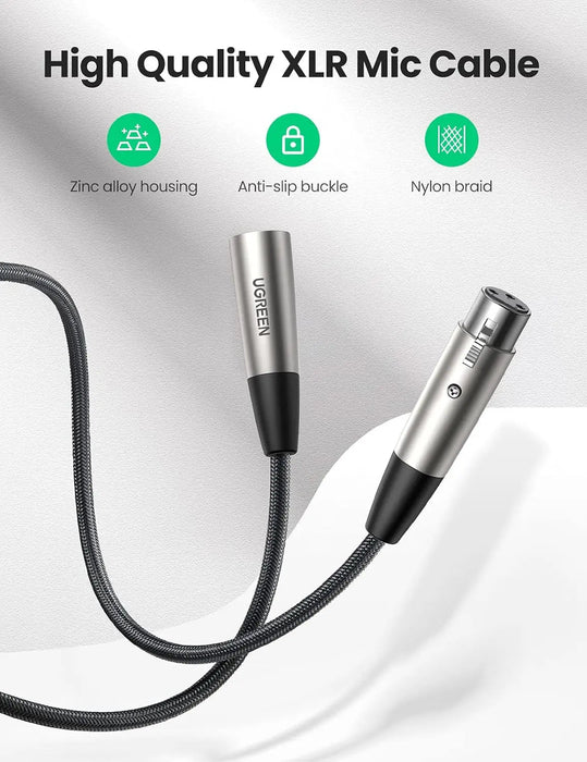 UGREEN 2M XLR Male to Female Microphone Cable Nylon Braided Zinc Alloy Shure SM Compatible Mixer Amplifier 20500