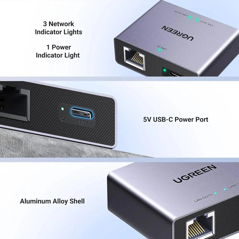 UGREEN 1 in 2 Out Ethernet Splitter 1000Mbps Aluminum Gigabit Network LAN Adapter USB C Charging Cat8 Cat7 Cat6 RJ45 (45311) Ugreen
