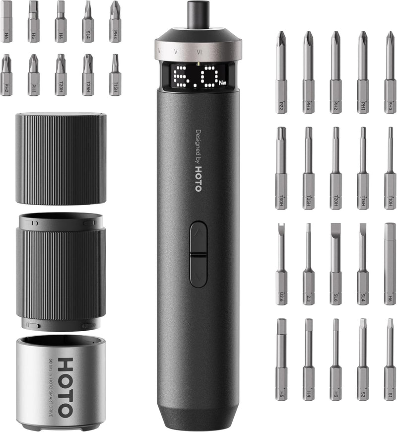 HOTO PixelDrive Cordless Screwdriver Set – Smart Display, 6 Torque Settings, 30 Bits (QWLSD014/HTE0033GL)