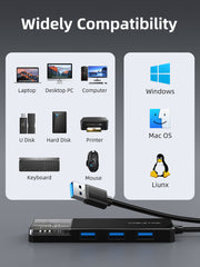 CABLETIME 4-Port USB-A 3.0 Hub SuperSpeed 5Gbps with USB-C Power Supply | CT-HUBT1-PB / CT-HUBT2-PB