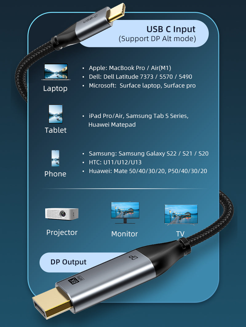 CABLETIME USB-C to DisplayPort 1.4 Cable, 8K@60Hz / 4K@144Hz, 2m