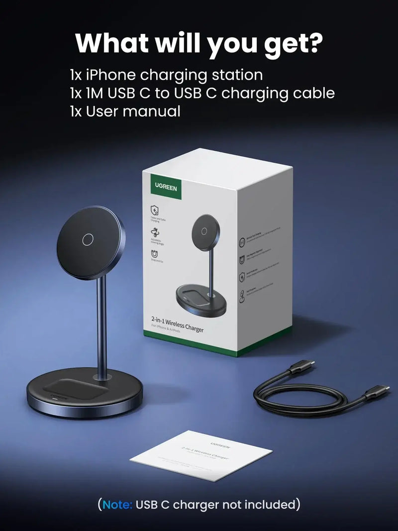UGREEN MagFlow 90668 2-in-1 magnetic wireless charging stand what you get in the box