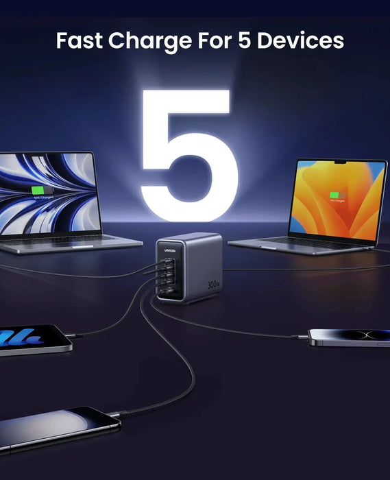 UGREEN Nexode 300W USB-C GaN Charger 5-Port Desktop Station 4 USB-C 1 USB-A MacBook Pro iPhone 15 iPad Steam Deck 90903B