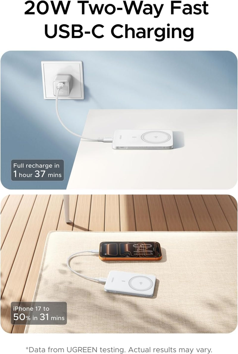UGREEN MagFlow Air 95931B 5000mAh Qi2 magnetic power bank 20W two-way fast USB-C charging