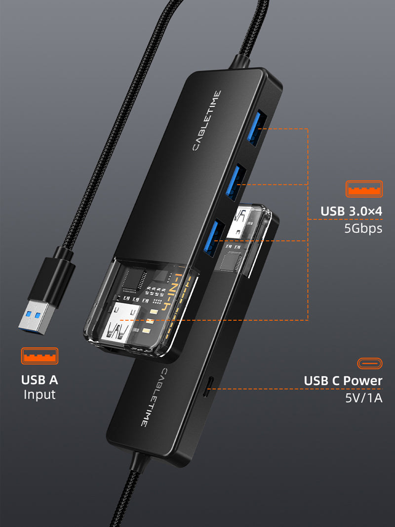 CABLETIME 4-Port USB-A 3.0 Hub SuperSpeed 5Gbps with USB-C Power Supply | CT-HUBT1-PB / CT-HUBT2-PB