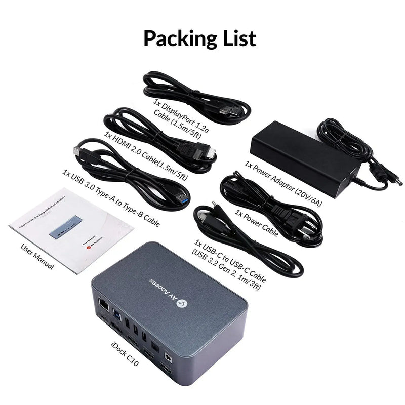 AV Access iDock C10 KVM Switch 12 In 1 Docking Station USB-C w/ USB 3.0, 4K Dual Monitor Design for Laptop (60W PD) & Desktop, High Refresh Rate for 120hz, 144hz, 165hz AV Access