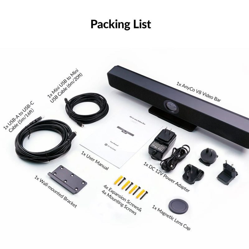 AnyCo V8 All-in-One Video Bar for Video Conferencing w/ 4K AI Tracking Camera, 4-Mic Array, Dual Stereo Speakers, Works with Cascaded Mics for Large Conference Room