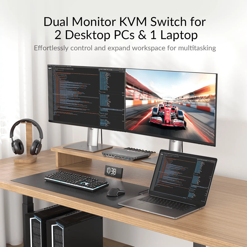 AV Access KD-E30 KVM Switch Docking Station for 2 Desktops & 1 Laptop – Dual 4K HDMI, 100W USB-C Charging, 10-in-1 Dock, 1GbE