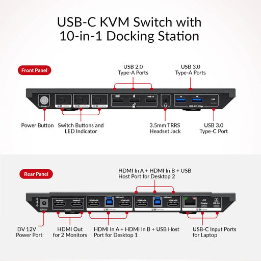AV Access KD-E30 KVM Switch Docking Station for 2 Desktops & 1 Laptop – Dual 4K HDMI, 100W USB-C Charging, 10-in-1 Dock, 1GbE