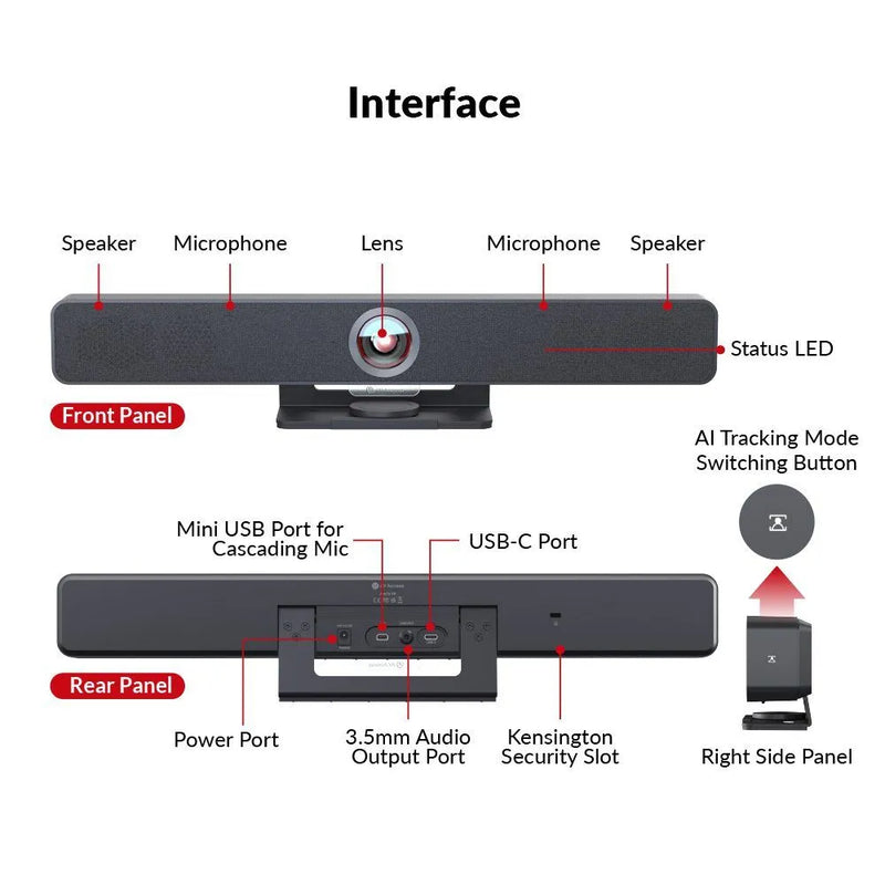AnyCo V8 All-in-One Video Bar for Video Conferencing w/ 4K AI Tracking Camera, 4-Mic Array, Dual Stereo Speakers, Works with Cascaded Mics for Large Conference Room