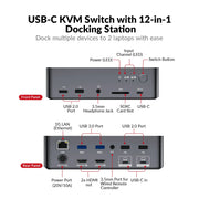 AV Access iDock C20 USB-C KVM Switch 12 In 1 Docking Station for 2 Laptops, 4K Dual Monitor Design, 60W Charging for Each PC, 1G Ethernet, EDID Emulation AV Access