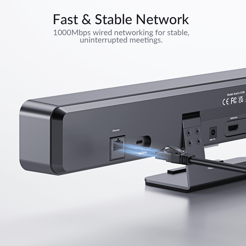 AV Access AnyCo V100 One-Cable BYOM Video Bar – 4K AI Camera, Mics & Speaker, 100W USB-C Charging, for Huddle Rooms