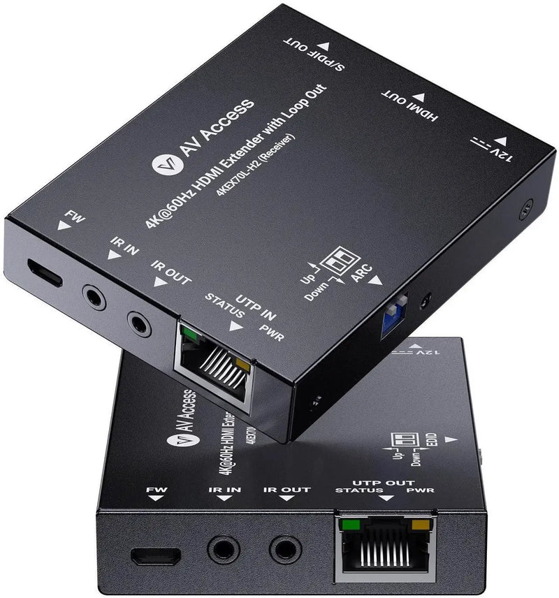 AV Access 4KEX70L-H2 4K@60Hz HDMI Over Ethernet Extender Over Cat6/7 Upto 70m/230ft with Loop Out, Supports 4K 4:4:4, HDR10, HDCP 2.3, Doby Atmos, DTS:X, Bi-Directional IR, PoC, EDID & ARC Switch AV Access