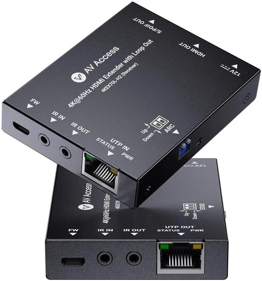AV Access 4KEX70L-H2 4K@60Hz HDMI Over Ethernet Extender Over Cat6/7 Upto 70m/230ft with Loop Out, Supports 4K 4:4:4, HDR10, HDCP 2.3, Doby Atmos, DTS:X, Bi-Directional IR, PoC, EDID & ARC Switch AV Access