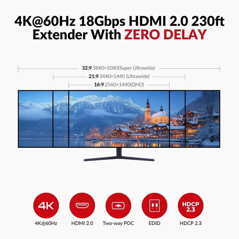 AV Access 4KEX70L-H2 4K@60Hz HDMI Over Ethernet Extender Over Cat6/7 Upto 70m/230ft with Loop Out, Supports 4K 4:4:4, HDR10, HDCP 2.3, Doby Atmos, DTS:X, Bi-Directional IR, PoC, EDID & ARC Switch AV Access
