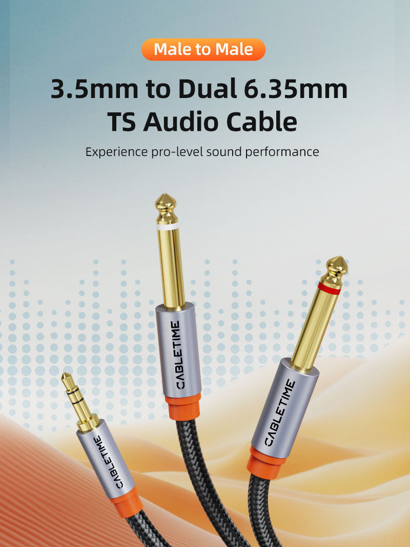 CABLETIME 3.5mm TRS to Dual 6.35mm TS Mono Y-Splitter Audio Cable, 0.5m–5m
