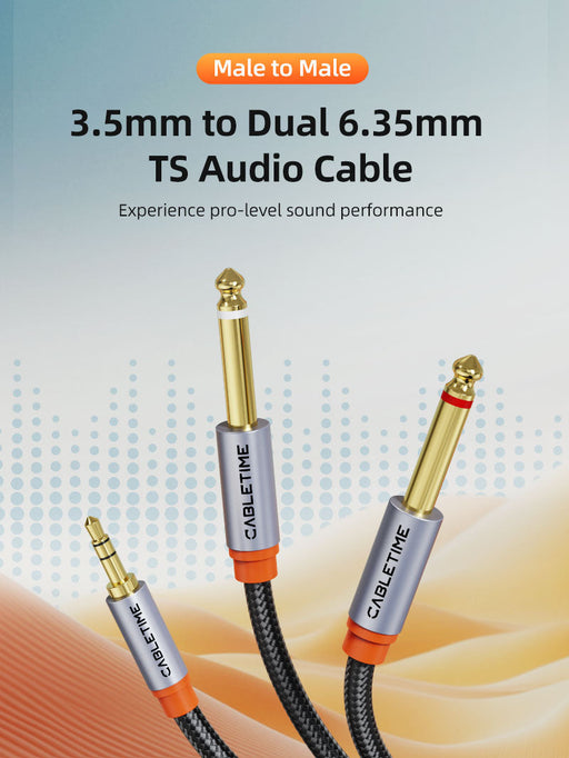CABLETIME 3.5mm TRS to Dual 6.35mm TS Mono Y-Splitter Audio Cable, 0.5m–5m
