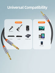 CABLETIME 3.5mm TRS to Dual 6.35mm TS Mono Y-Splitter Audio Cable, 0.5m–5m