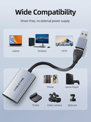 CABLETIME HDMI Capture Card, 4K@30Hz Input / 1080p@60Hz Capture, USB-A + USB-C