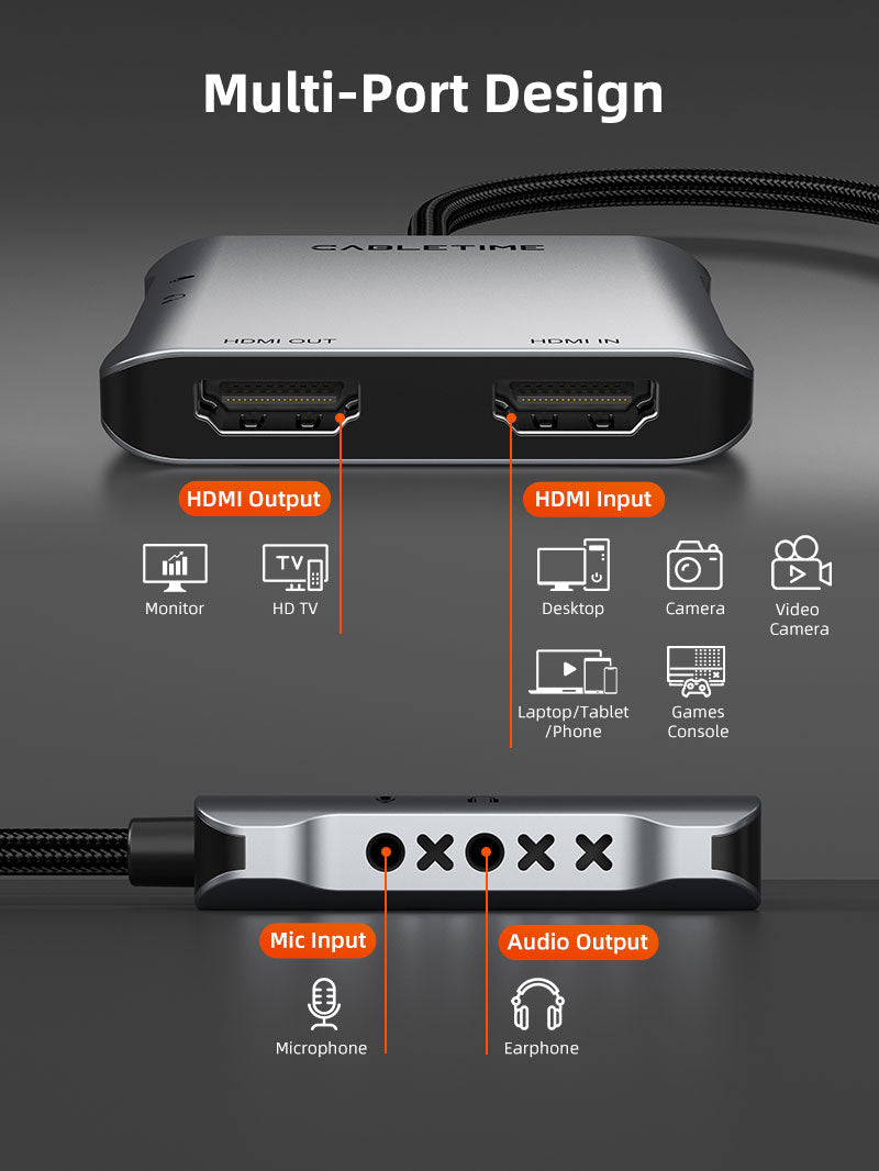 CABLETIME HDMI Capture Card with 4K@30Hz Loop-Out, 1080p@60Hz Capture, Mic & Headphone Ports