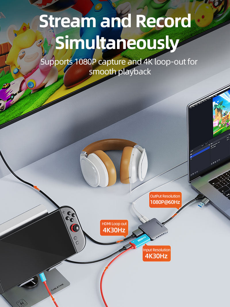 CABLETIME HDMI Capture Card with 4K@30Hz Loop-Out, 1080p@60Hz Capture, Mic & Headphone Ports