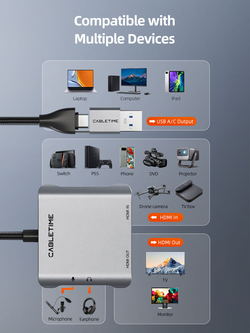 CABLETIME HDMI Capture Card with 4K@30Hz Loop-Out, 1080p@60Hz Capture, Mic & Headphone Ports