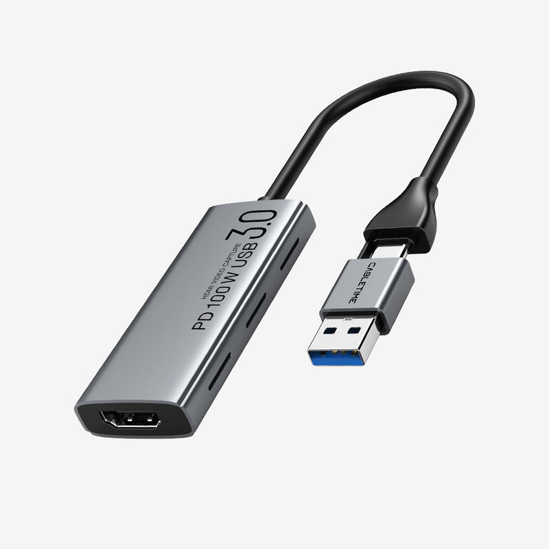CABLETIME HDMI Capture Card with 100W PD, 4K@30Hz Input / 1080p@60Hz Capture, USB-A + USB-C