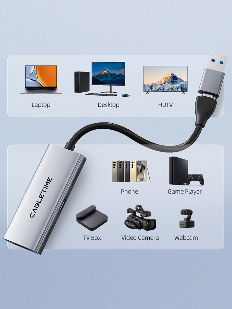 CABLETIME HDMI Capture Card with 100W PD, 4K@30Hz Input / 1080p@60Hz Capture, USB-A + USB-C