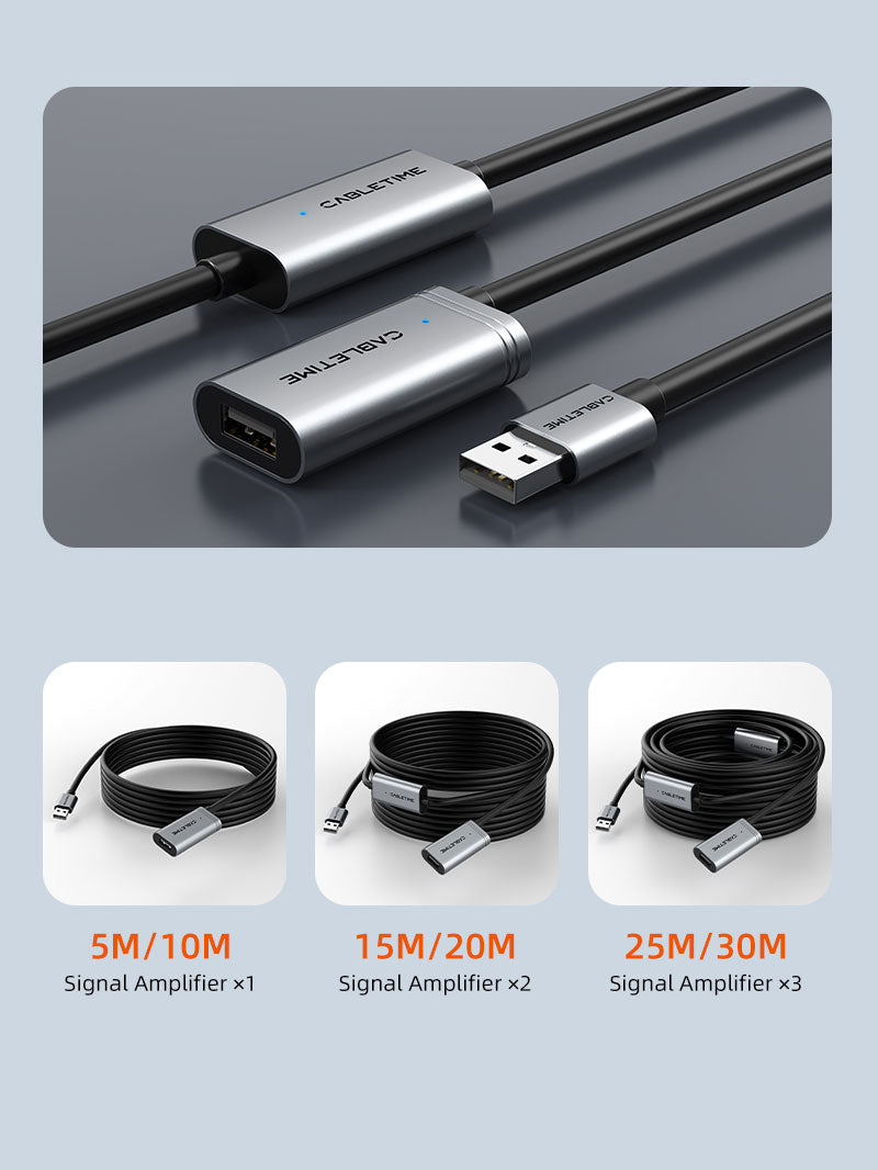 CABLETIME Active USB 2.0 A Male to A Female Extension Cable 5m / 10m / 15m / 20m / 25m / 30m