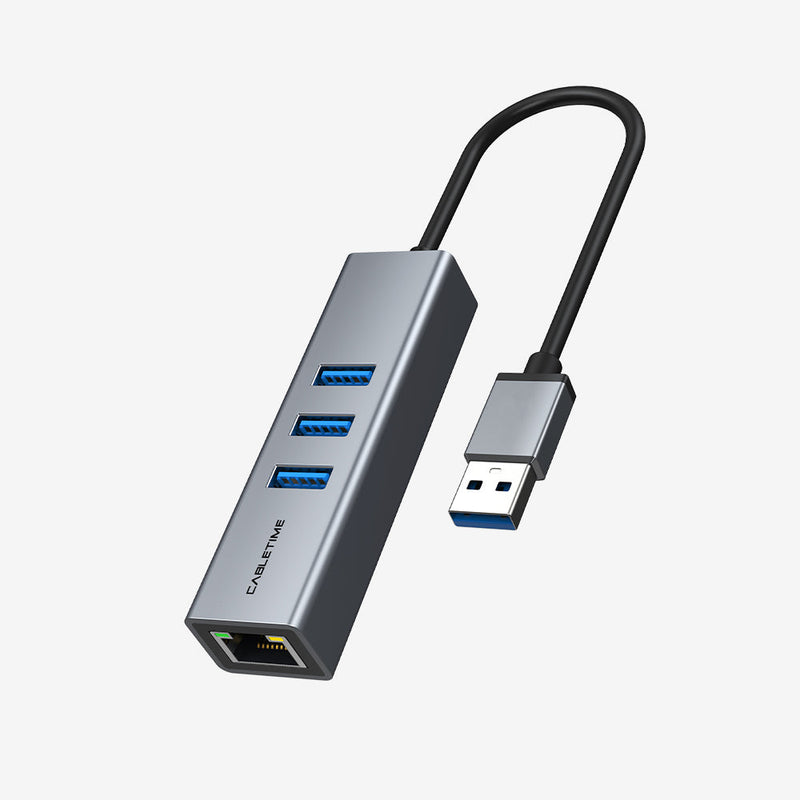CABLETIME USB 3.0 3-Port Hub with Gigabit Ethernet Adapter